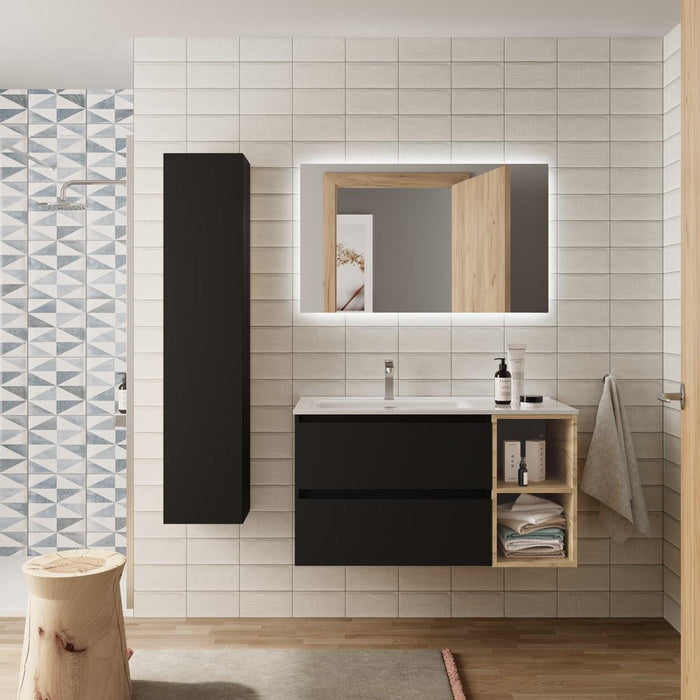 SALGAR BEQUIA Mueble de Baño con Lavabo 2 Cajones 2 Huecos Negro Roble África Derecha