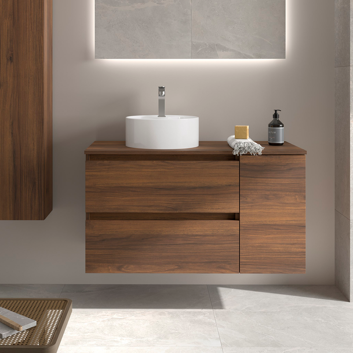 SALGAR BEQUIA Mueble de Baño con Lavabo de Posar y Encimera 2 Cajones 1 Puerta Reversible Nogal Maya