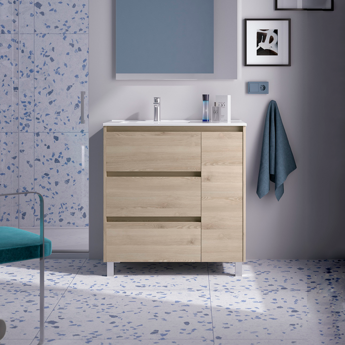 SALGAR NOJA 850 Bathroom Cabinet with Sink 3 Drawers 1 Right Door Natural Color