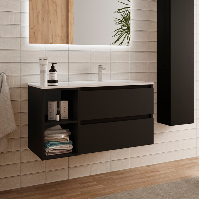 SALGAR BEQUIA Mueble de Baño con Lavabo 2 Cajones 2 Huecos Izquierda Negro Mate