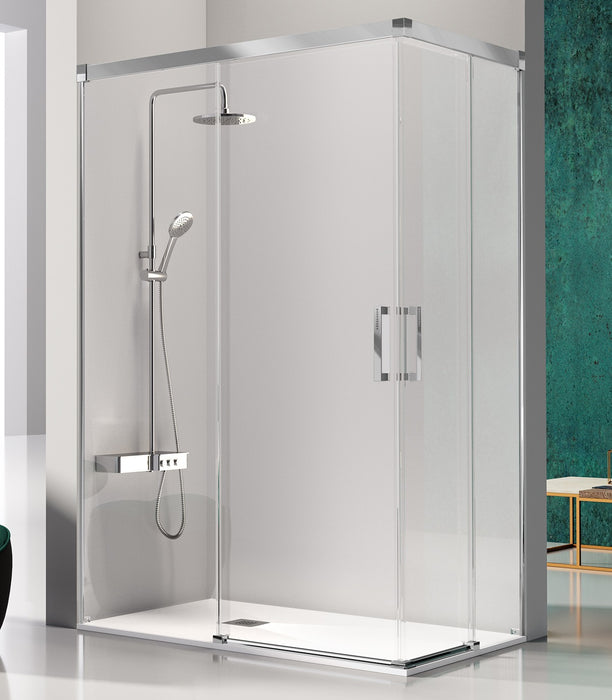 KASSANDRA GLASÉ Angular Ducha 2 Fijos + 2 Hojas Corredera 6 mm Plata Brillo Transparente