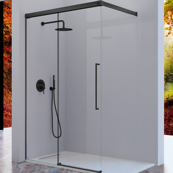 KASSANDRA PAVÍA Mampara Walking Frente Ducha Fijo +  Puerta Corredera con Tirante Negro Mate Transparente