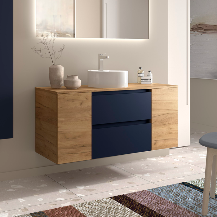 SALGAR 110561 BEQUIA Mueble de Baño con Lavabo de Posar y Encimera 120 cm 2 Cajones 2 Puertas Azul Mate Roble