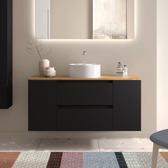 SALGAR 110544 BEQUIA Mueble de Baño con Lavabo de Posar y Encimera 120 cm 2 Cajones 2 Puertas Negro Mate Roble