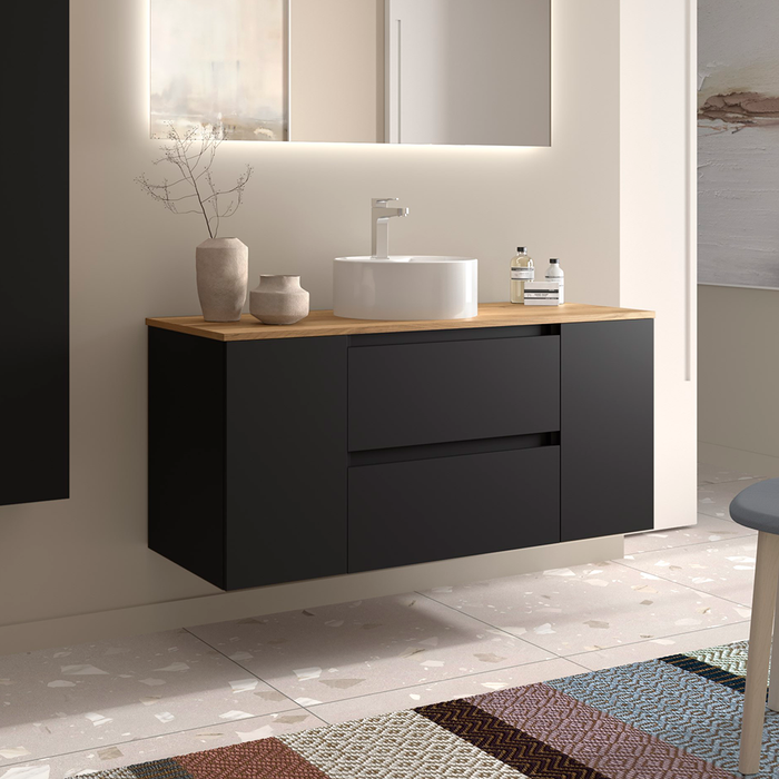 SALGAR 110544 BEQUIA Mueble de Baño con Lavabo de Posar y Encimera 120 cm 2 Cajones 2 Puertas Negro Mate Roble