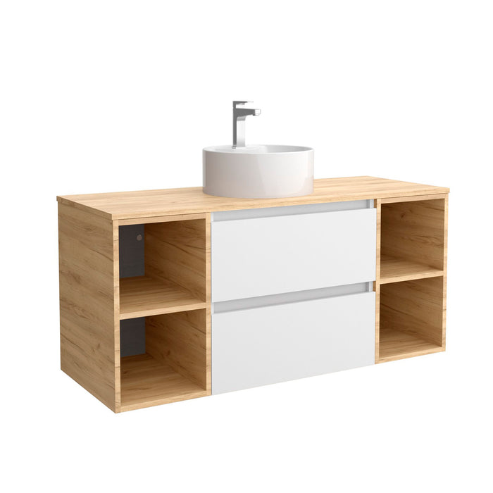 SALGAR 102235 BEQUIA Bathroom Furniture with Poser Sink and Countertop 120 2 Drawers and 4 Holes White Oak