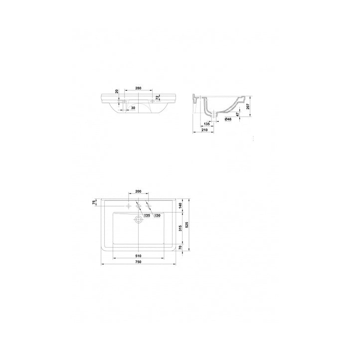 GALA G1203001 NOBLE Lavabo Clásico Suspendido 75 cm Sin Pedestal Blanco