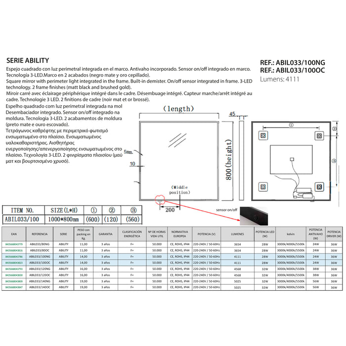 LEDIMEX ABILITY Espejo LED Perimetral Oro Cepillado