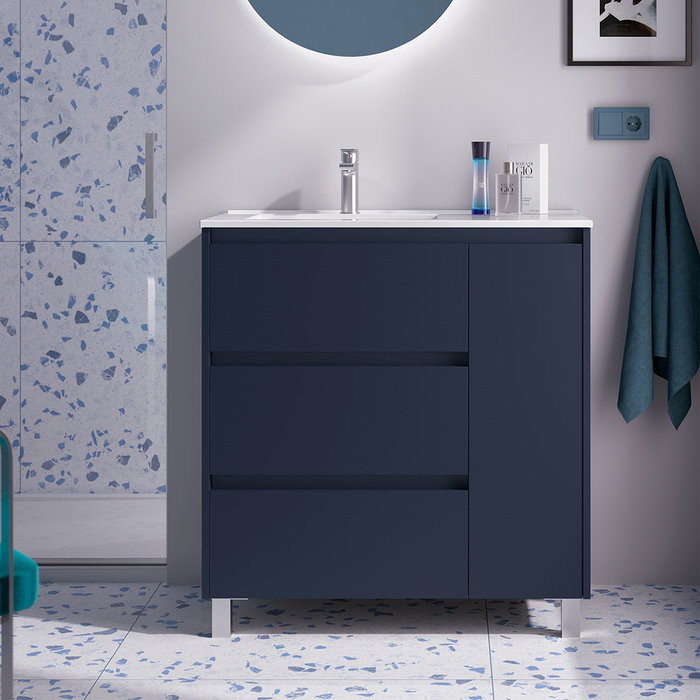 SALGAR NOJA 850 Bathroom Cabinet with Sink 3 Drawers 1 Right Door Matte Blue Color