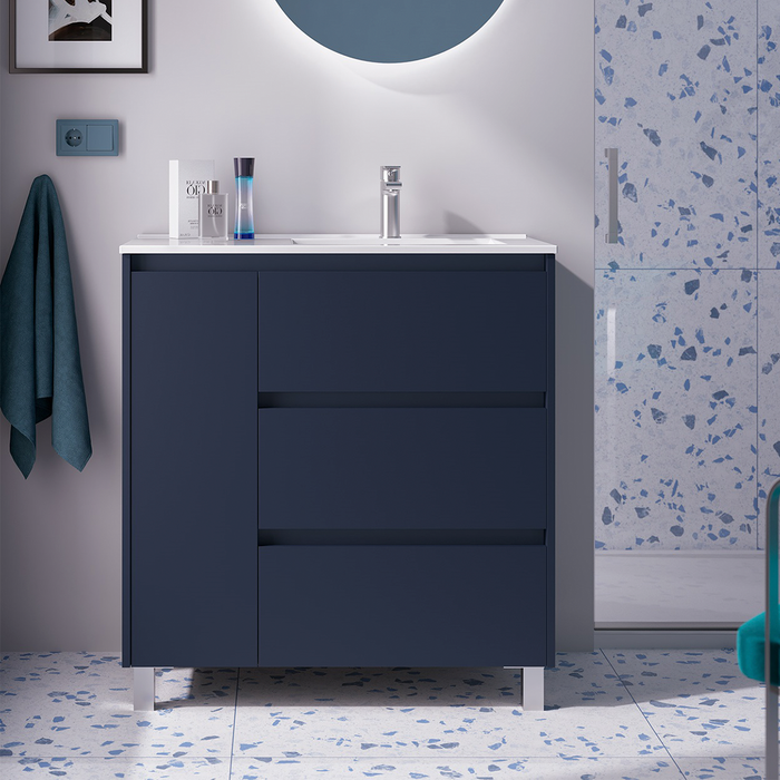 SALGAR NOJA 850 Bathroom Cabinet with Sink 3 Drawers 1 Left Door Matte Blue Color