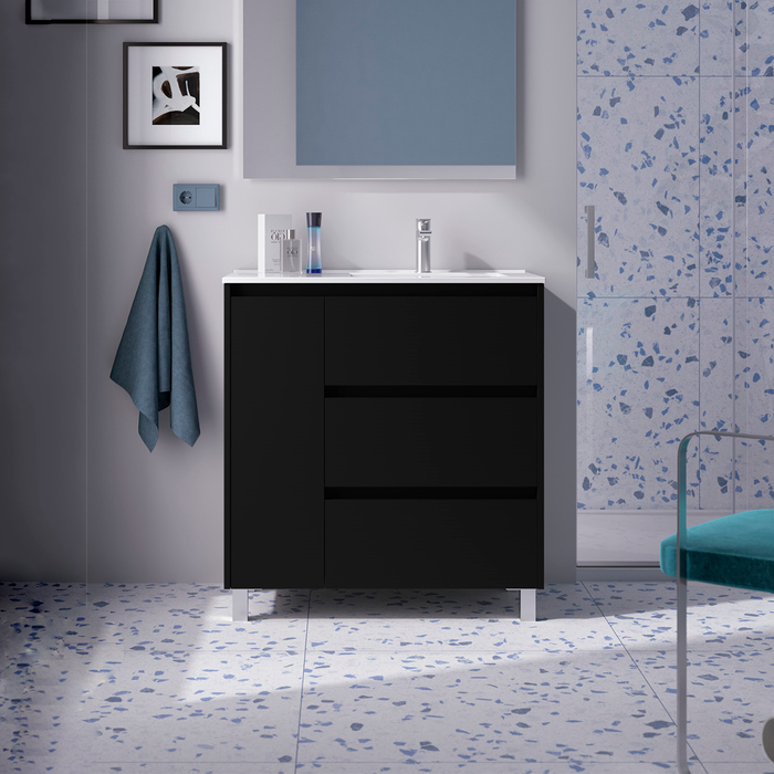 SALGAR NOJA 850 Bathroom Cabinet with Sink 3 Drawers 1 Left Door Matte Black Color