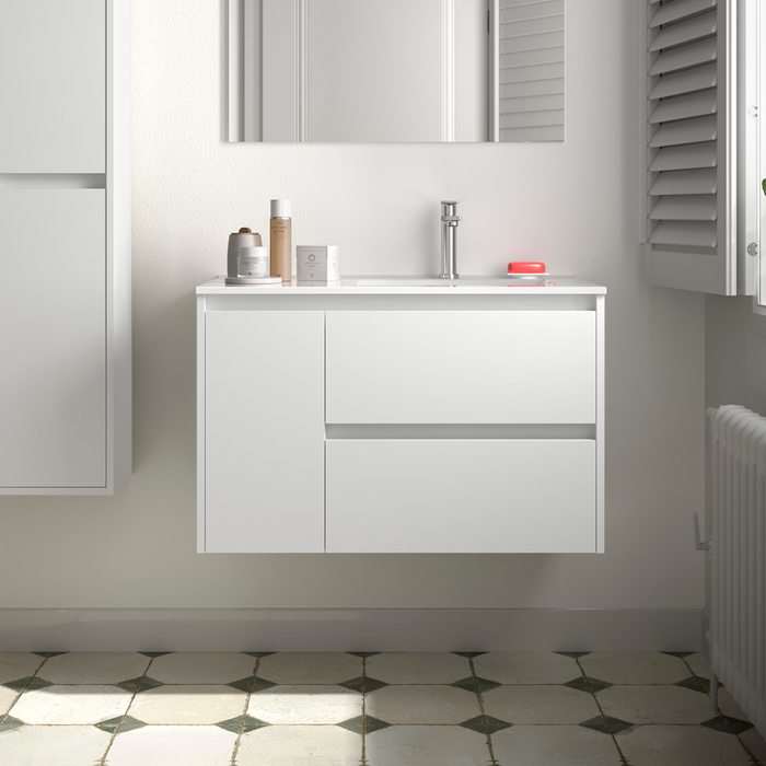 SALGAR NOJA 850 Bathroom Cabinet with Sink 2 Drawers 1 Left Door Matte White Color
