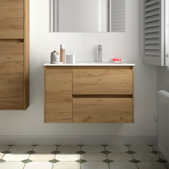 SALGAR NOJA 850 Bathroom Cabinet with Sink 2 Drawers 1 Left Door African Oak Color