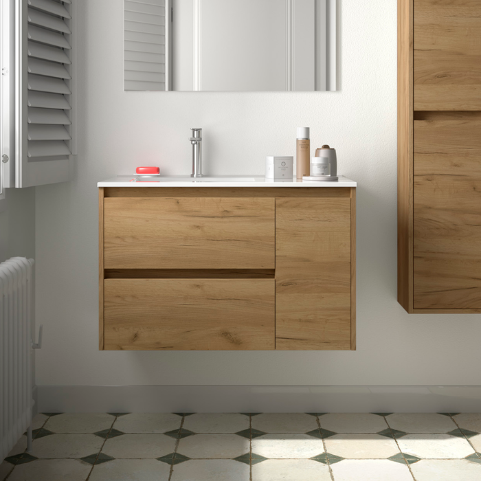 SALGAR NOJA 850 Bathroom Cabinet with Sink 2 Drawers 1 Right Door African Oak Color