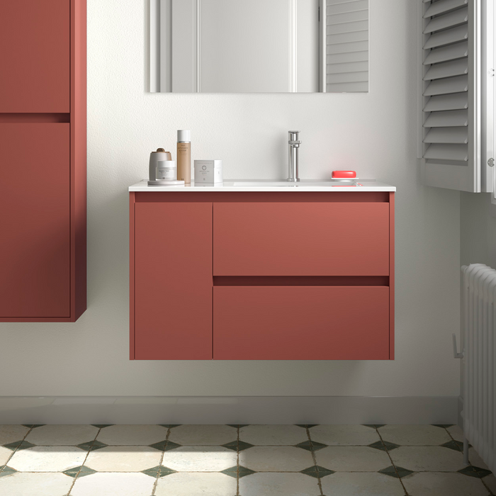 SALGAR NOJA 850 Bathroom Cabinet with Sink 2 Drawers 1 Left Door Matte Red Color