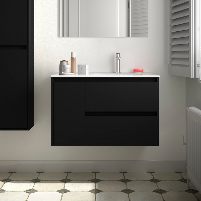 SALGAR NOJA 850 Bathroom Cabinet with Sink 2 Drawers 1 Left Door Matte Black Color