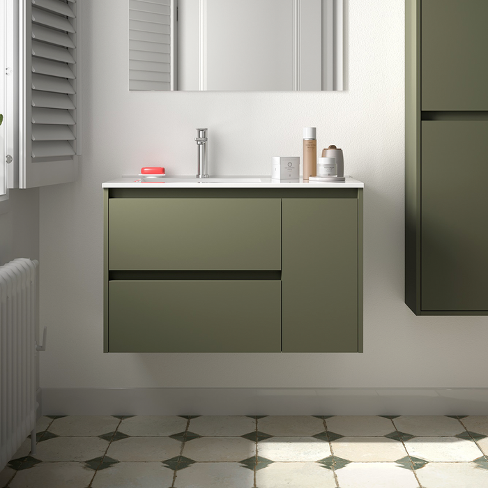 SALGAR NOJA 850 Bathroom Cabinet with Sink 2 Drawers 1 Right Door Matte Green Color