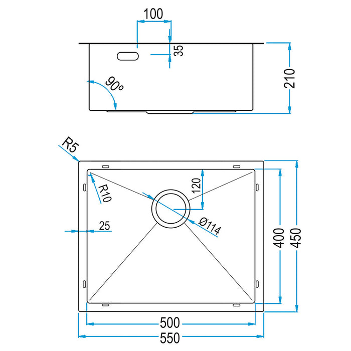 LLAVISAN L507344 ABSOLUT Fregadero de Cocina Rectangular 50x40 cm Acero Inox Cepillado