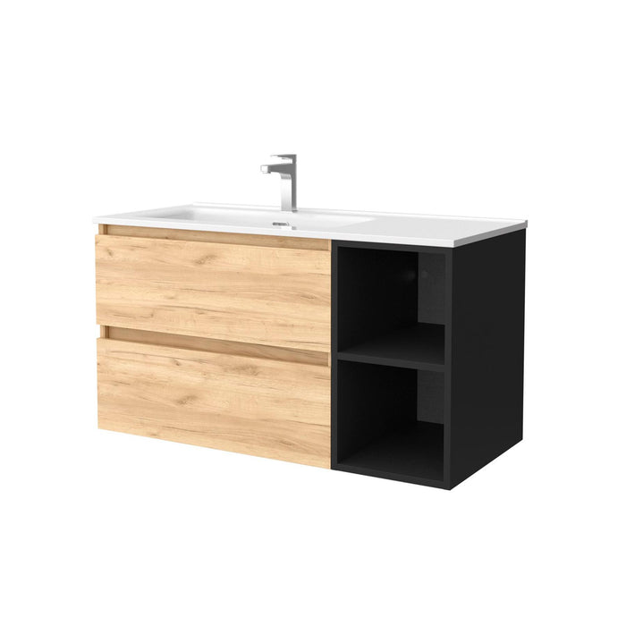 SALGAR BEQUIA Bathroom Cabinet with Sink 2 Drawers 2 Holes Black Oak Right