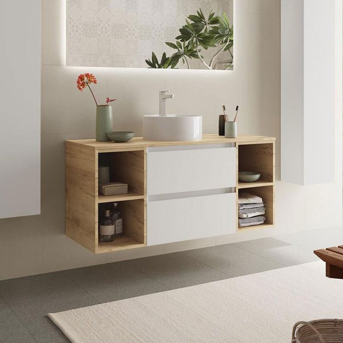 SALGAR 102235 BEQUIA Bathroom Furniture with Poser Sink and Countertop 120 2 Drawers and 4 Holes White Oak