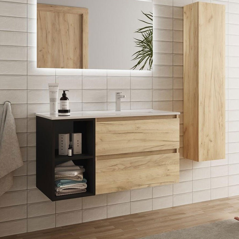 Mueble de Baño Suspendido 120 cm 'Persona' Cenere con lavabo descentrado a  la izquierda y espejo con led