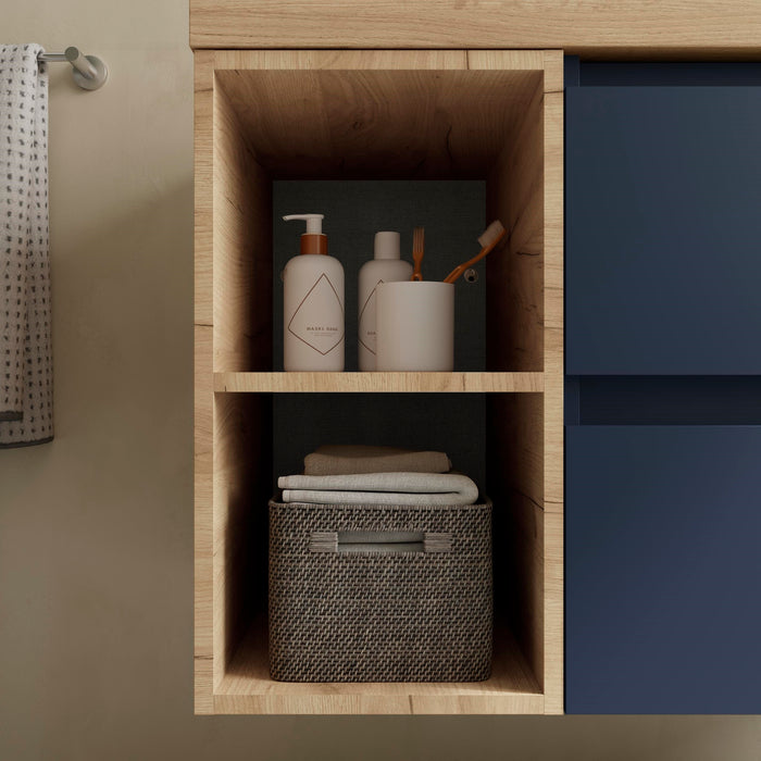 SALGAR BEQUIA Mueble de Baño con Lavabo de Posar y Encimera 2 Cajones 2 Huecos Azul Mate Roble