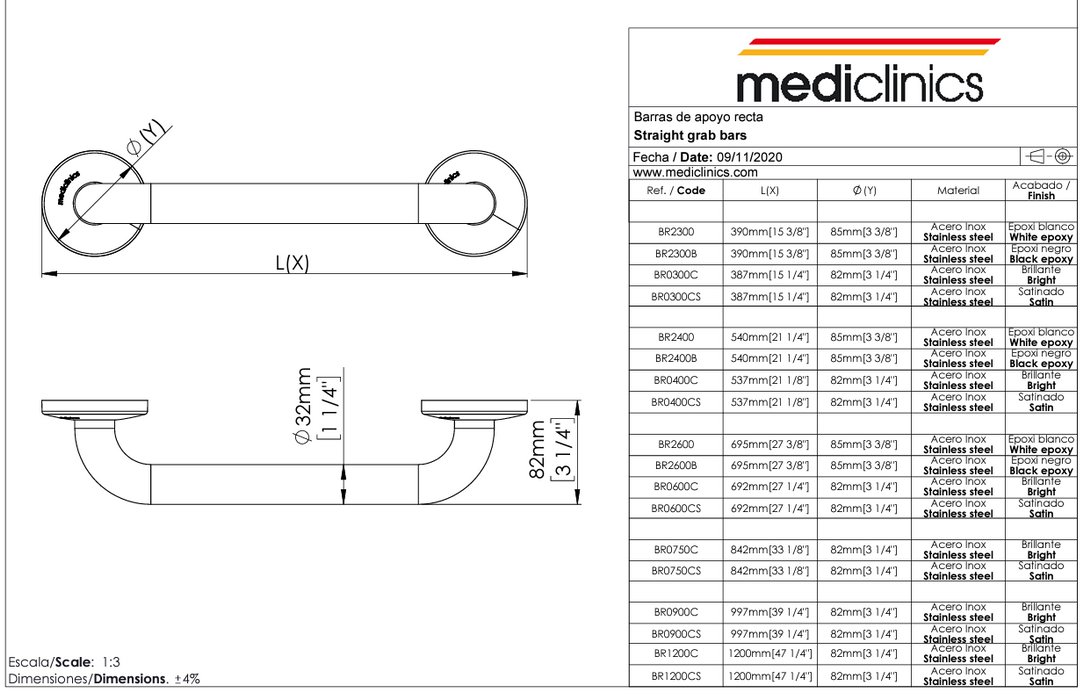 MEDICLINICS BR2600 Barra de Apoyo Recta AISI 201 Acabado Blanco