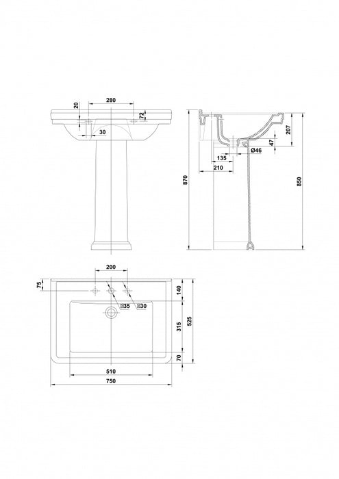GALA NOBLE Lavabo con Pedestal Estilo Clásico Blanco