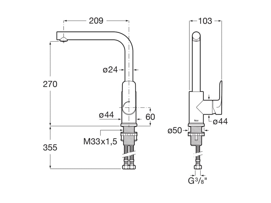ROCA A5A836ENB0 CALA Grifo Monomando Fregadero Cocina Caño Giratorio Negro Mate