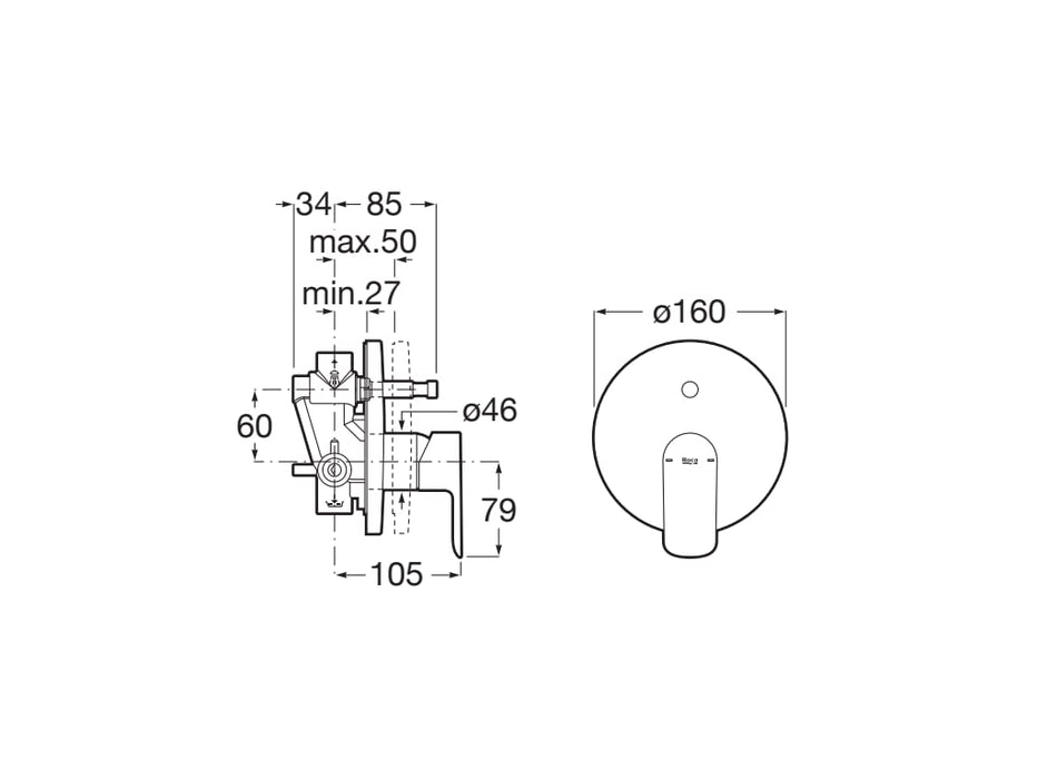 ROCA A5A066EC00 CALA Recessed Bath-Shower Mixer Tap with Chrome Recessed Body