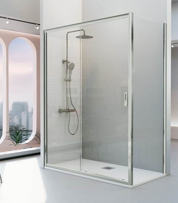 KASSANDRA SIENA  Mampara Frente de Ducha Fijo + Puerta Corredera Plata Brillo Transparente