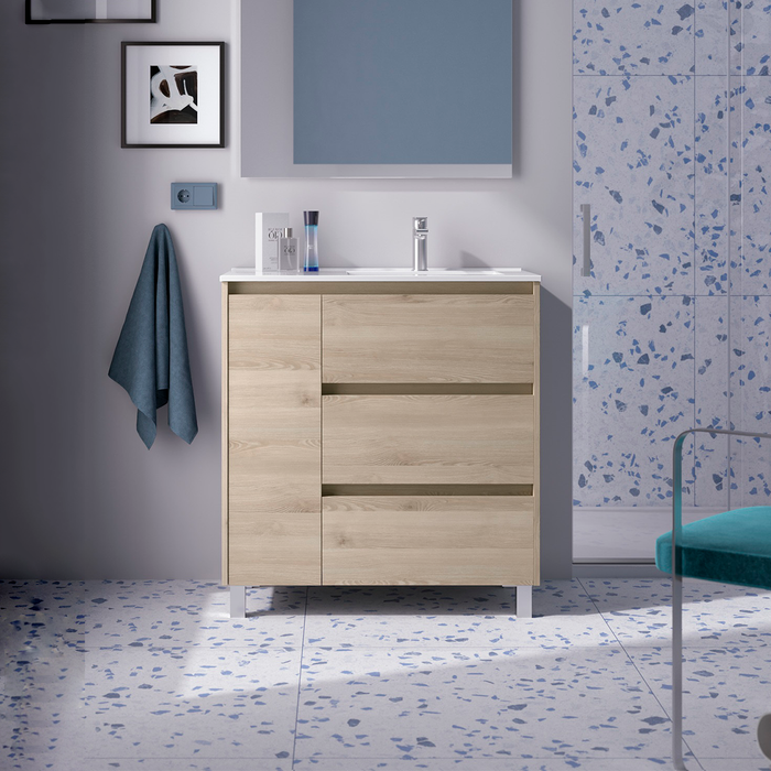 SALGAR NOJA 850 Bathroom Cabinet with Sink 3 Drawers 1 Left Door Natural Color