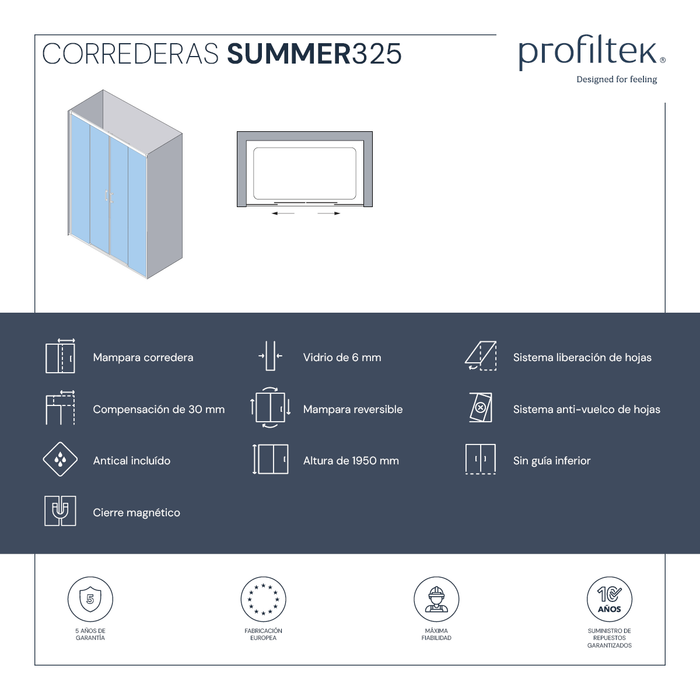 PROFILTEK SUM-325 SUMMER 2 sliding leaves + 2 fixed leaves. 6 MM Silver High Gloss* Transparent