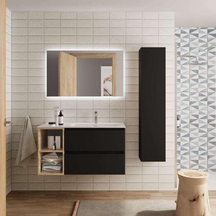 SALGAR BEQUIA Mueble de Baño con Lavabo 2 Cajones 2 Huecos Negro Roble África Izquierda