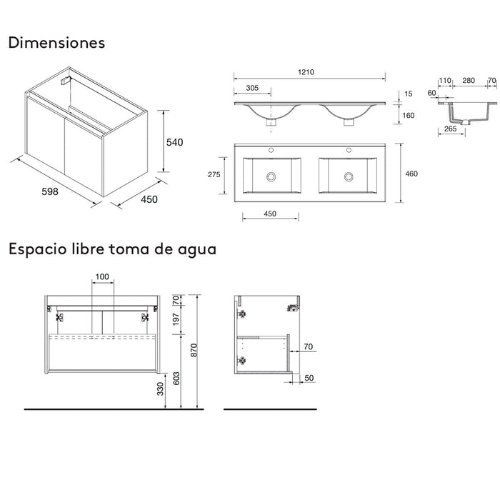 SALGAR 118763 NOJA Mueble+Lavabo 4 Puertas 120 cm Color Negro Satinado Con Encimera Derecha