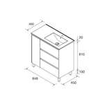 SALGAR NOJA 850 Bathroom Cabinet with Sink 3 Drawers 1 Left Door Matte Green Color