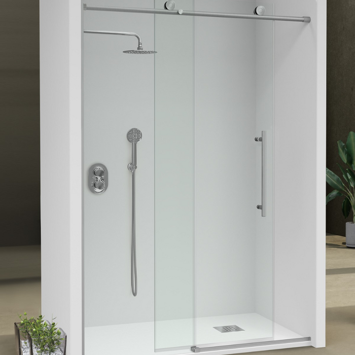 KASSANDRA BABILON Fixed Shower Screen Front + Brushed Stainless Steel Sliding Door Transparent