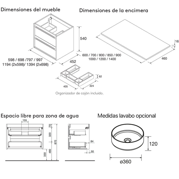 SALGAR 104972 ATTILA Mueble de Baño con Tapa Encimera 4 Cajones 120 cm Color Blanco Mate
