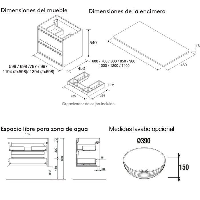 SALGAR ATTILA Mueble de Baño con Tapa Encimera 2 Cajones Color Nogal Maya