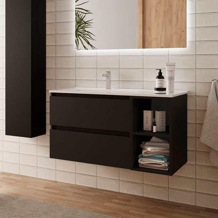 SALGAR BEQUIA Mueble de Baño con Lavabo 2 Cajones 2 Huecos Derecha Negro Mate