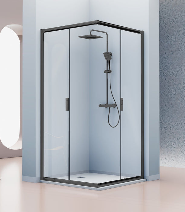 KASSANDRA SIENA Mampara Angular de Ducha 2 Fijos + 2 Puertas Correderas Negro Mate Transparente
