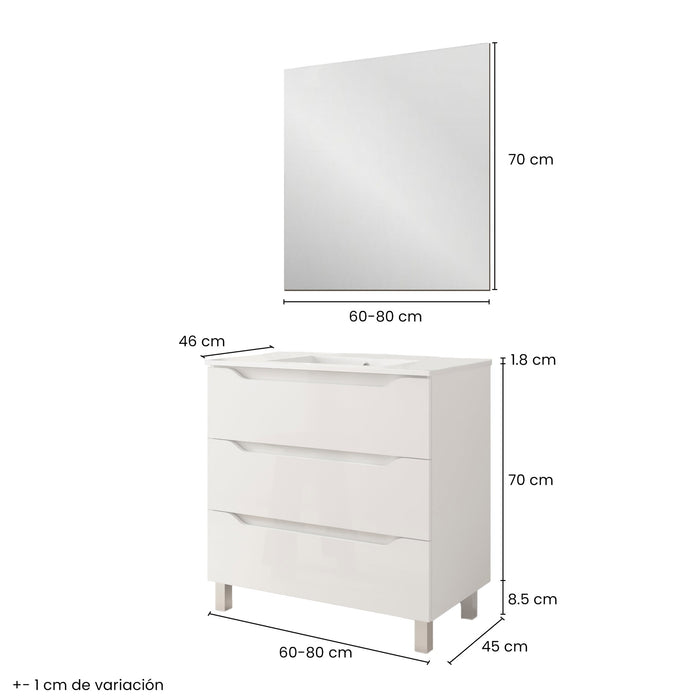 BATHME TRIO Complete Set Bathroom Furniture 3 Drawers White Gloss Color