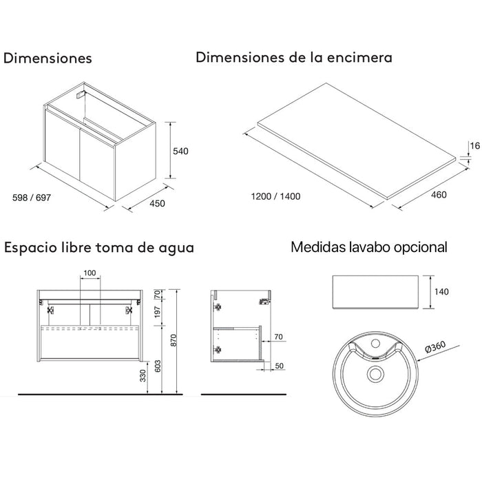 SALGAR 105567 NOJA Mueble de Baño con Tapa Encimera 4 Puertas 120 cm Color Natural