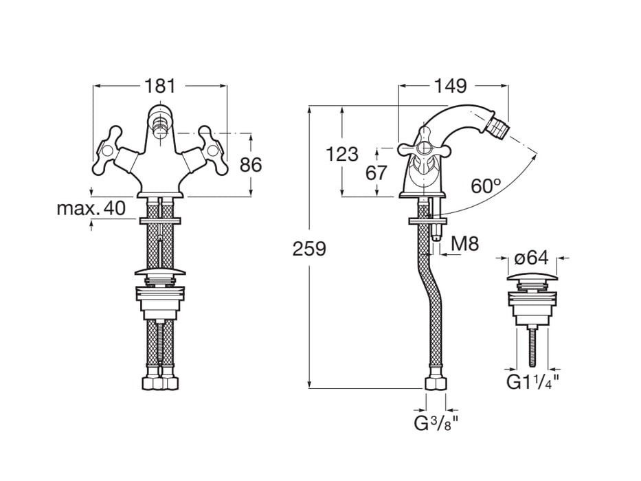 ROCA A5A6A4BC00 CARMEN Grifo Bimando Bidé con Desagüe Click-Clack Cromo