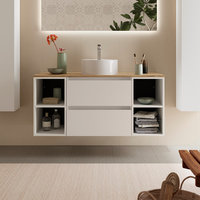 SALGAR 110532 BEQUIA Mueble de Baño con Lavabo de Posar y Encimera 120 cm 2 Cajones 4 Huecos Blanco Mate