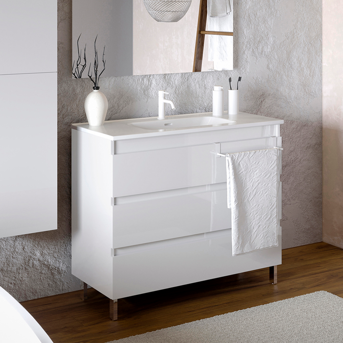 COSMIC BBEST Mueble de Baño con Lavabo 3 Cajones Con Patas Color Blanco Brillo