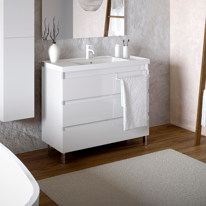 COSMIC BBEST Bathroom Furniture with Teckstone Sink 3 Drawers with Feet Glossy White