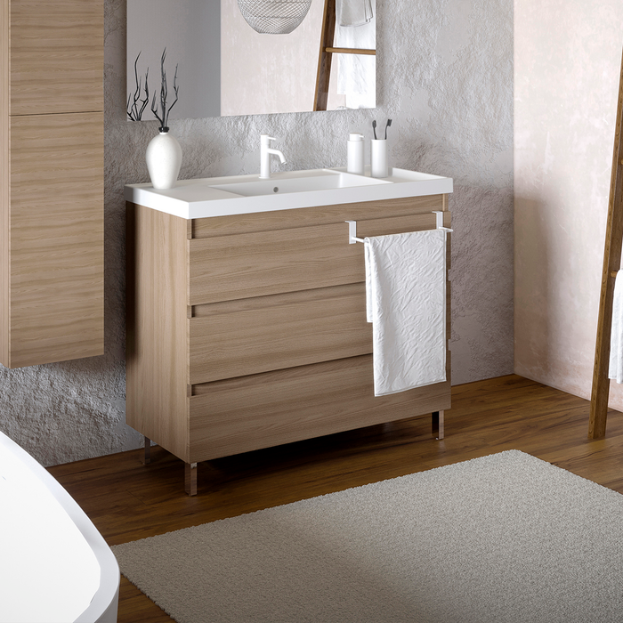 COSMIC BBEST Mueble de Baño con Lavabo Teckstone 3 Cajones Con Patas Color Nogal Natural