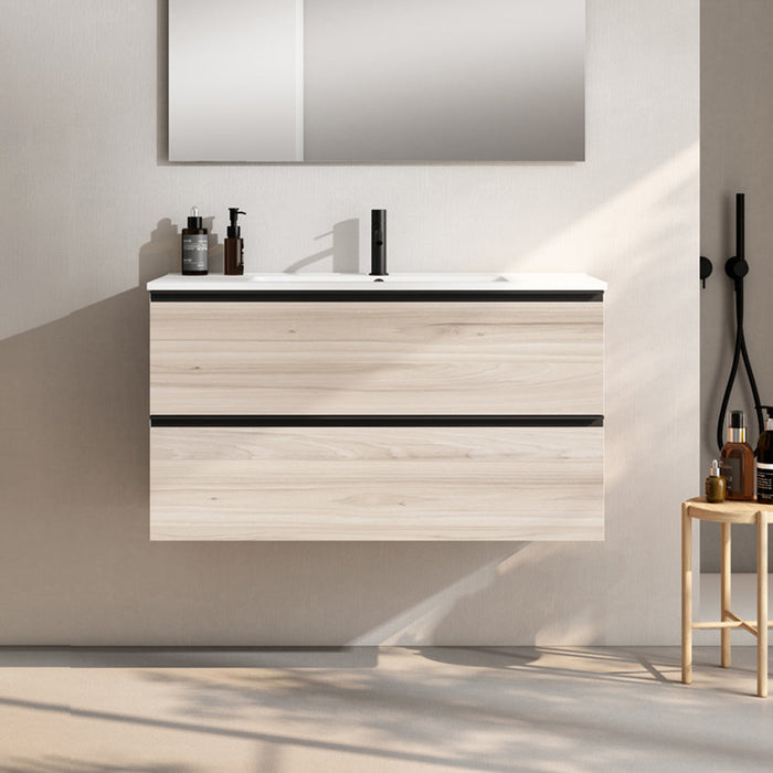 VISOBATH GRANADA Mueble de Baño con Lavabo Suspendido 2 Cajones Color Aliso Tirador Negro