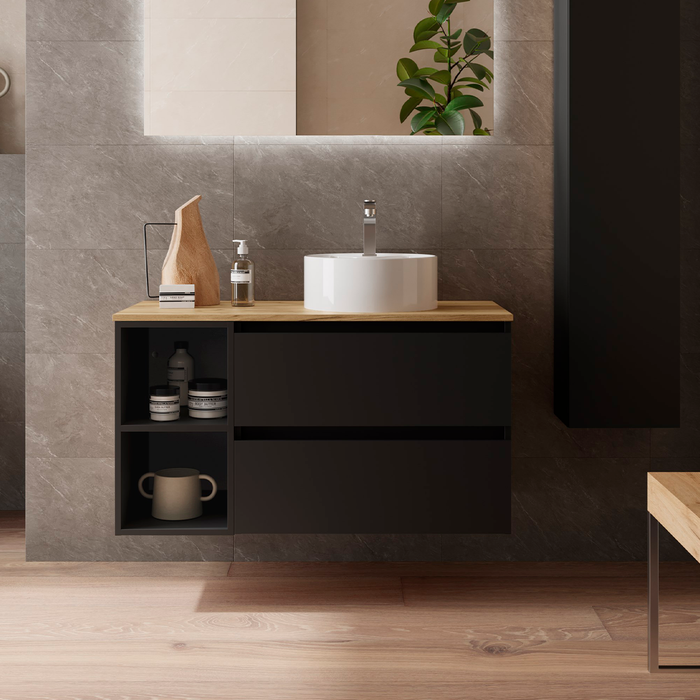 SALGAR BEQUIA Mueble de Baño con Lavabo de Posar y Encimera 2 Cajones 2 Huecos Negro Mate Roble